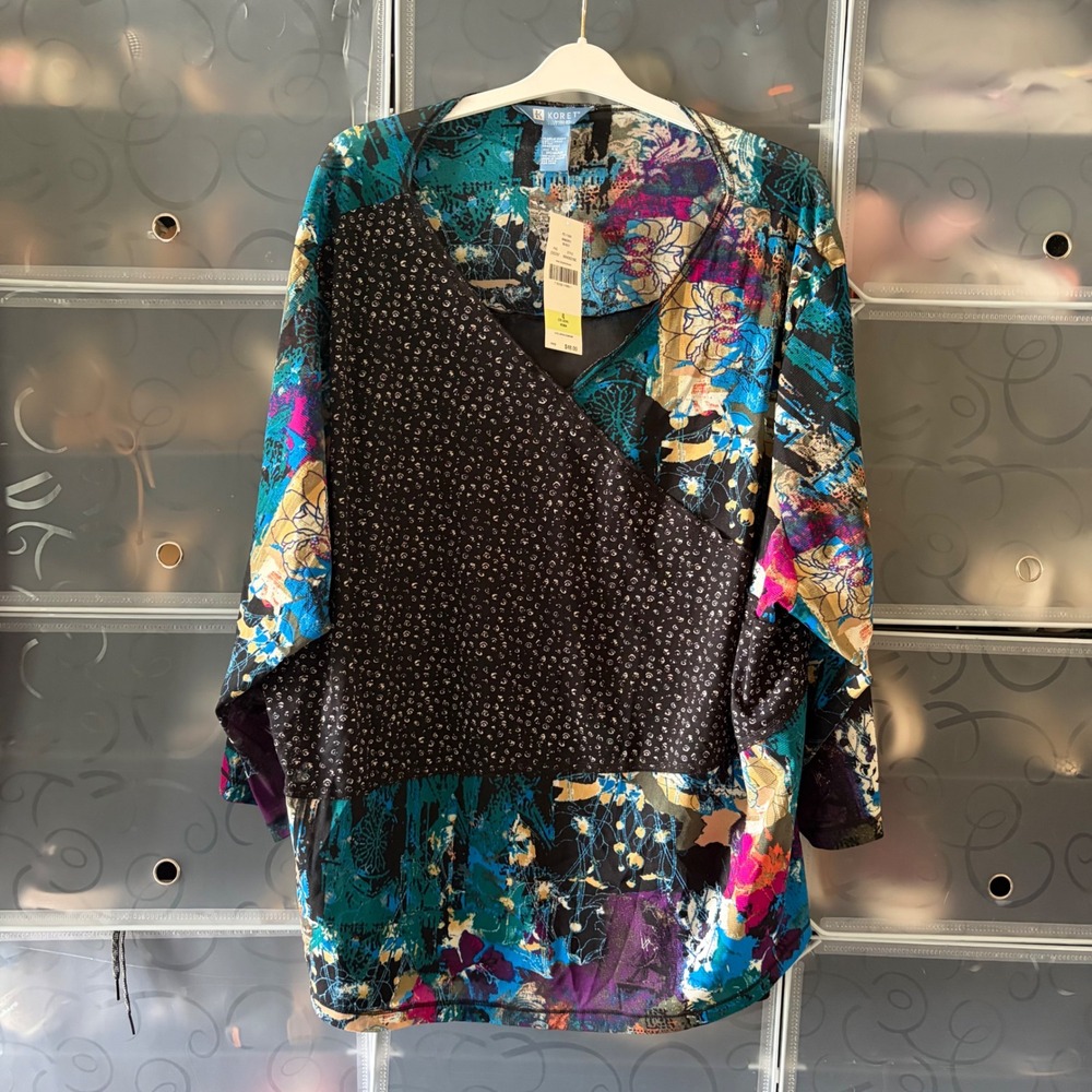 Koret Woman Menagerie II Multi Print Faux Wrap Blouse 4X NWT KB426316C